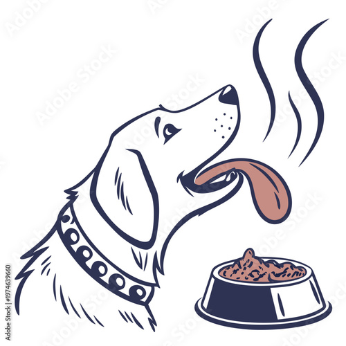 Dog eagerly licking food from bowl with steam rising white dog golden retriever dog food