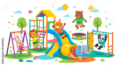 Cute cartoon animals playing on a colorful playground, happy childhood fun