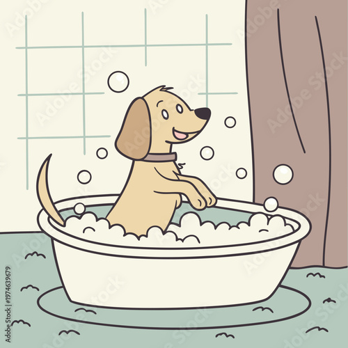 Dog in bathtub with soap bubbles and a happy expression happy dog bathroom