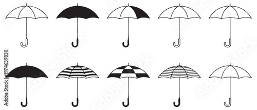 Set of black and white umbrella icons, flat vector illustration, parasol symbol, graphic design element.