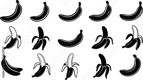 Black and white banana in various stages of ripeness and peeling bananas fruit