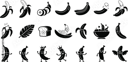 Black and white banana with various expressions and poses fruit cartoon smiling