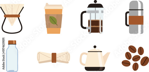 Coffee and breakfast icons collection with french press chemex cup teapot milk bottle and coffee beans on grid layout.