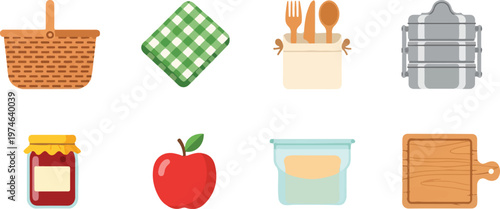 Collection of picnic items including basket, checkered napkin, cutlery set, lunch boxes, jam jar, apple, and cutting board.