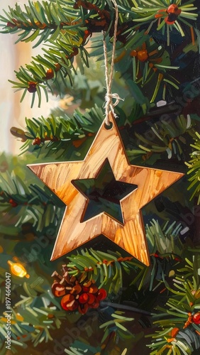 A wooden star ornament hanging on a Christmas tree branch