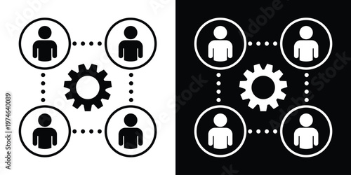 Four outlined person icons connected by dotted lines around a central gear. Symbolizes teamwork, operational management, business synchronization, and organizational workflow.