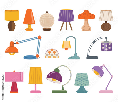 table lamp and vintage ceramic lamps illustration, hallway and work desk lighting vector set, colorful indoor home decor, electric illumination for rooms, modern and classic lighting designs.