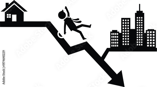 Real estate market crash or financial crisis. Businessman sliding down a sharp arrow, with  rapid decline in value, business failure, or bankruptcy. 