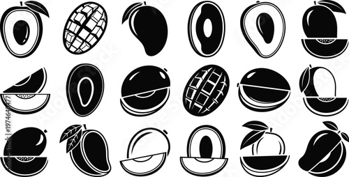 Black and white fruit including avocado pineapple mango and peach