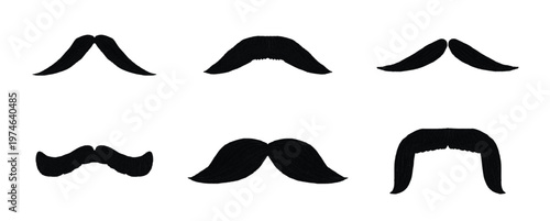 Collection of nine diverse black mustache silhouettes on a white background. Various moustache types silhouette set for party photo props, vector illustration.