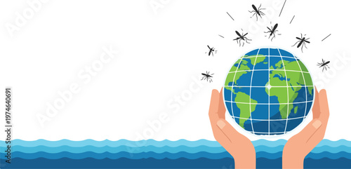 Hands holding earth globe surrounded by mosquitoes over blue waves symbolizing global disease spread and health awareness.