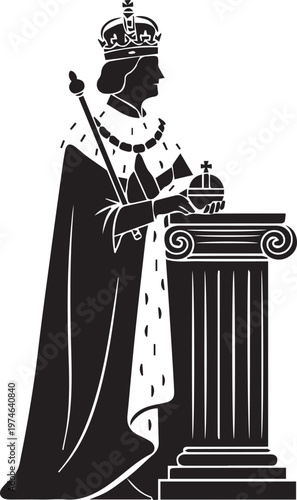 King or queen vector silhouette illustration with royal regalia line art