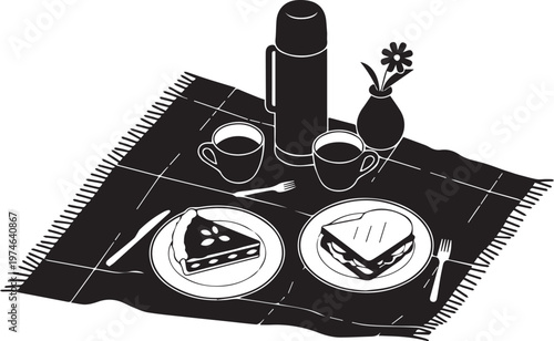Picnic blanket with food silhouette vector illustration including sandwich pie and thermos