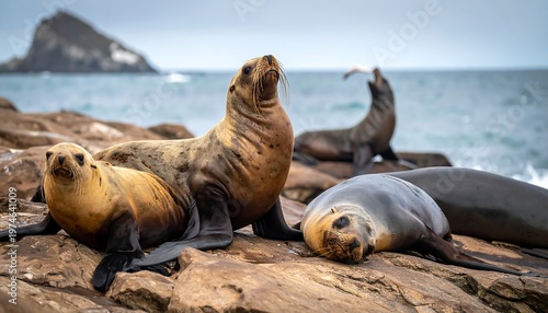 Sea lions on rocky coastline