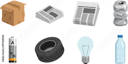 Recyclable waste materials collection including cardboard box newspapers aluminum can battery tire light bulb and bottle.
