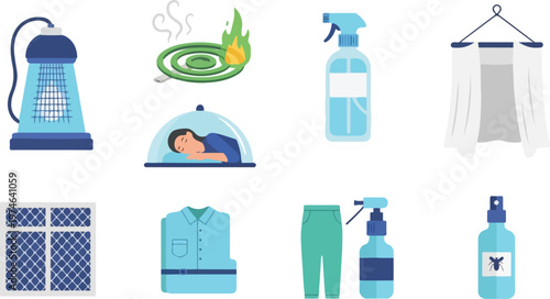 Mosquito protection elements including repellent spray bed net zapper and sleeping person under dome for safety.