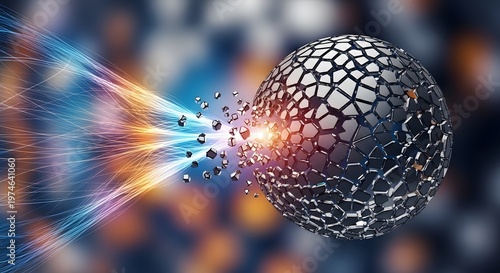 Futuristic Metallic Sphere with Cracked Exterior Colliding with Colored Light Strands