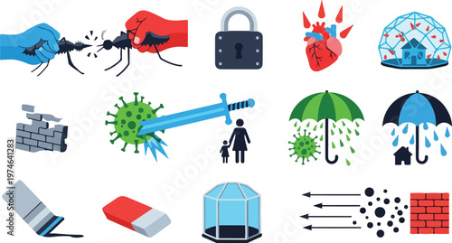Set of health and protection related icons depicting various dangers and safety measures for well-being.