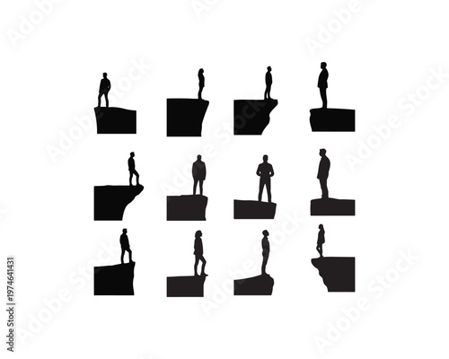 Twelve Silhouettes of Men and Women Standing on Cliff Edges on a White Background people woman