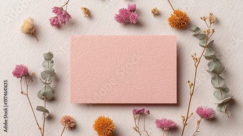 Pink Textured Card Surrounded By Dried Flowers On A Light Background. Elegant Floral Arrangement For Invitations Or Announcements