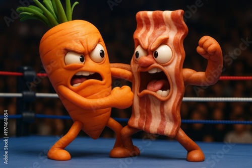 A carrot and a strip of bacon fight in a boxing ring.