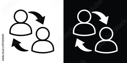 Two person silhouettes with circular exchange arrows. Illustrates knowledge sharing, interpersonal communication, peer-to-peer services, and professional feedback loops.
