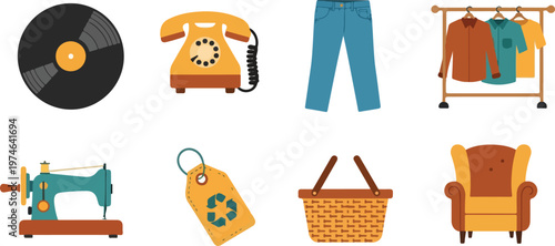 Vintage thrift store items set collection including vinyl record telephone blue jeans clothing rack and old armchair.