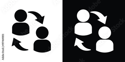 Two person silhouettes with circular exchange arrows. Illustrates knowledge sharing, interpersonal communication, peer-to-peer services, and professional feedback loops.