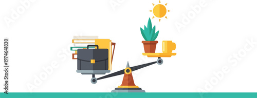 Work life balance represented by a scale with briefcase and books on one side and plant and cup on other.