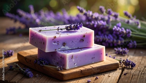 Two purple soap bars on a wooden cutting board with lavender