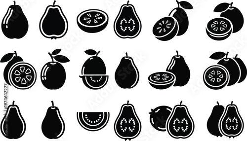 Black and white fruit on white background pears apples oranges