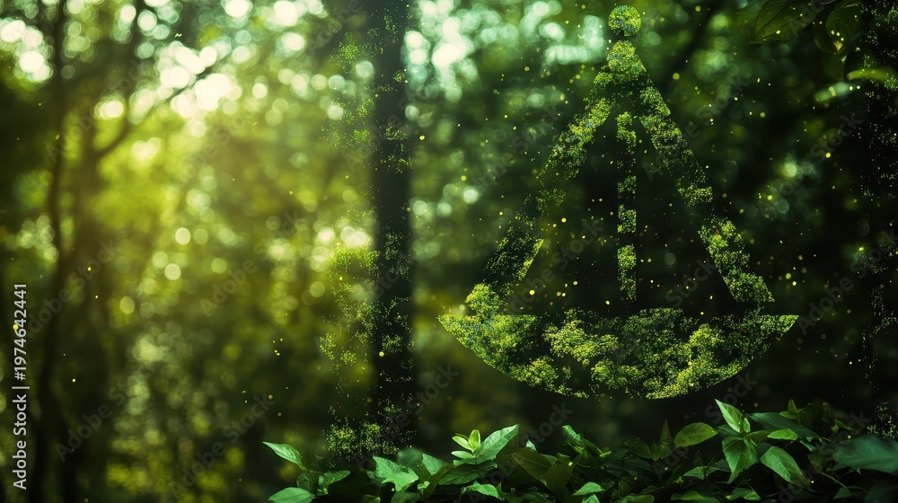 Fototapeta premium Environmental legal professionals examining green policies amidst a flourishing forest, symbolizing sustainable governance and ecological justice.