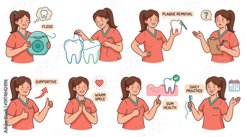 Dentist Character Set Demonstrating Dental Care, Healthcare, and Medical Poses and Activities Collections for Oral Hygiene
