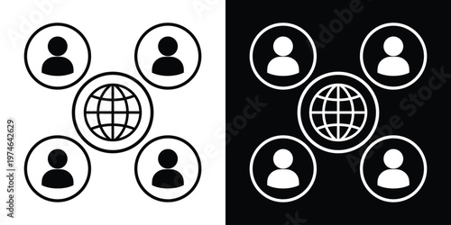 Linear icon set featuring a globe surrounded by four people. Symbolizes global networking, international business teams, worldwide connectivity, and remote work collaboration.
