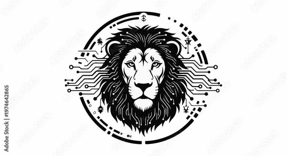 Obraz premium Majestic lion head with digital circuit mane symbolizes strength and technology