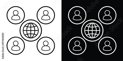 Linear icon set featuring a globe surrounded by four people. Symbolizes global networking, international business teams, worldwide connectivity, and remote work collaboration.