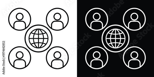 Linear icon set featuring a globe surrounded by four people. Symbolizes global networking, international business teams, worldwide connectivity, and remote work collaboration.