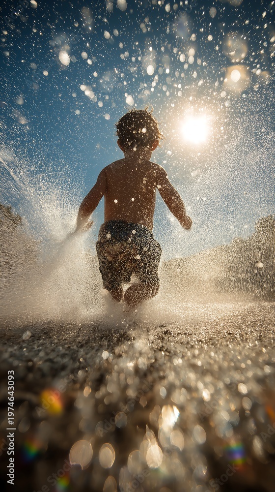 Naklejka premium Child Running Through Splashing Ocean Waves