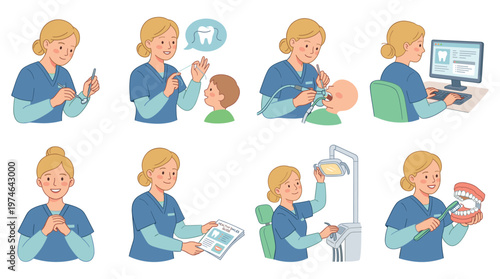 Female Dentist Character Set Demonstrating Dental Care, Healthcare, and Medical Poses And Activities Collections