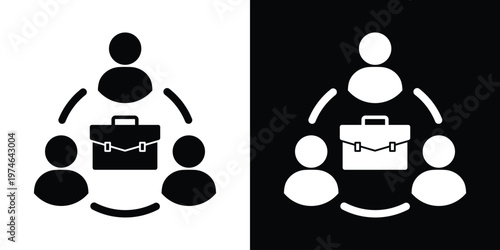 Business icon of three people revolving around a briefcase. Represents human resources, workforce management, job recruitment, professional services, and team-based business projects.