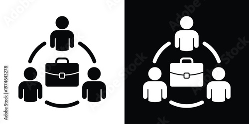 Business icon of three people revolving around a briefcase. Represents human resources, workforce management, job recruitment, professional services, and team-based business projects.