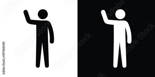 Simple silhouette icon of a person with a raised hand. Signifies greeting, waving hello, asking a question, participation, or a volunteer ready for action in a minimal graphic style.