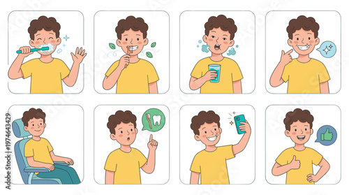 Character Set Illustrates Comprehensive Dental Care, Oral Hygiene, and Healthcare Activities
