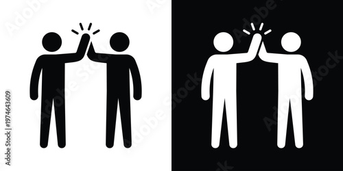 Icon showing two people giving a high five. Represents successful partnership, teamwork victory, celebration, agreement, and positive professional collaboration or friendship.
