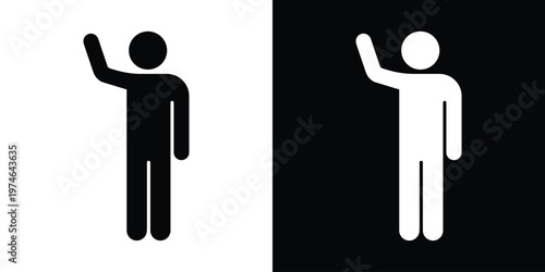 Simple silhouette icon of a person with a raised hand. Signifies greeting, waving hello, asking a question, participation, or a volunteer ready for action in a minimal graphic style.