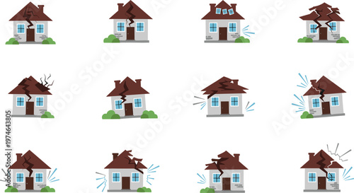 House earthquake effects vector set disaster damage illustration buildings shaking isolated on white background