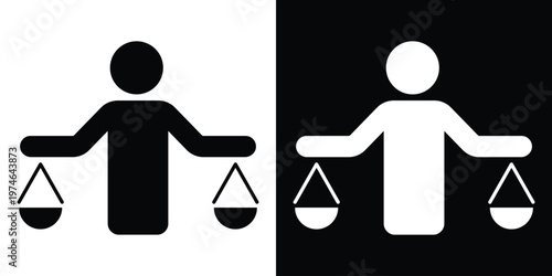 Icon of a person holding balance scales. Represents business ethics, legal justice, work-life balance, equality, and professional decision-making in a clean black and white style.
