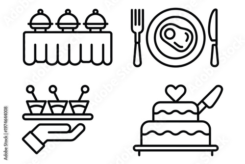 catering service icon collection, line style vector set for food delivery, event planning, buffet table, plated meals, hors d'oeuvres, wedding cake cutting, web and print graphics.