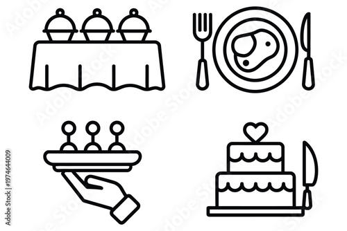 catering service icon collection, line style vector set for food delivery, event planning, buffet table, plated meals, hors d'oeuvres, wedding cake cutting, web and print graphics.