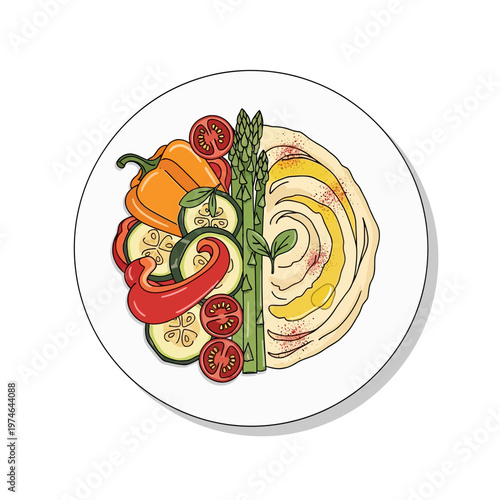 A vibrant, healthy plate featuring creamy hummus drizzled with olive oil, accompanied by a colorful assortment of fresh vegetables including bell peppers, zucchini, asparagus, and tomatoes.